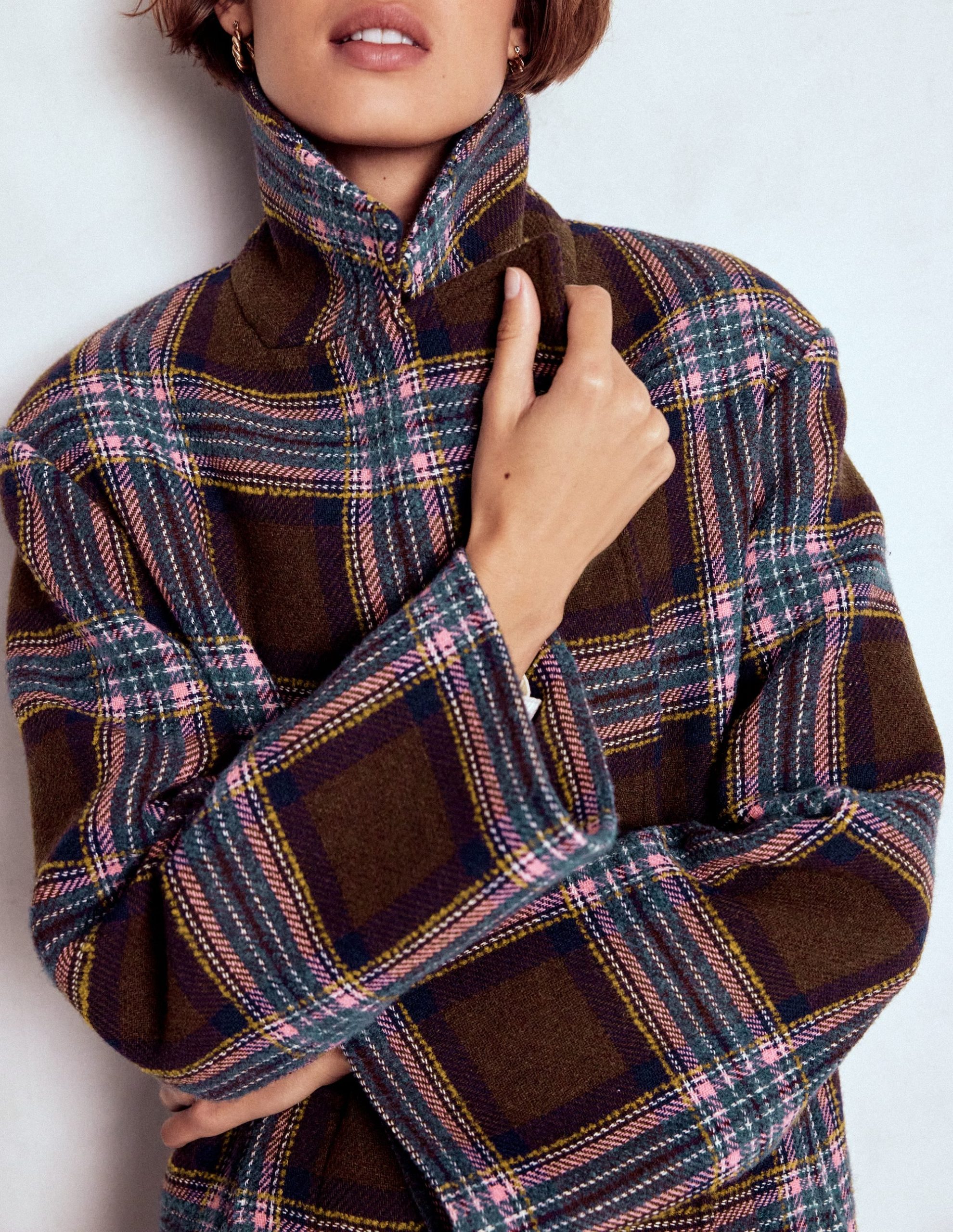 Cocoon Wool Coat-Brown. Teal and Pink Check - Image 3