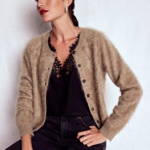 Brushed Crop Cashmere Cardigan-Dark Mink Melange