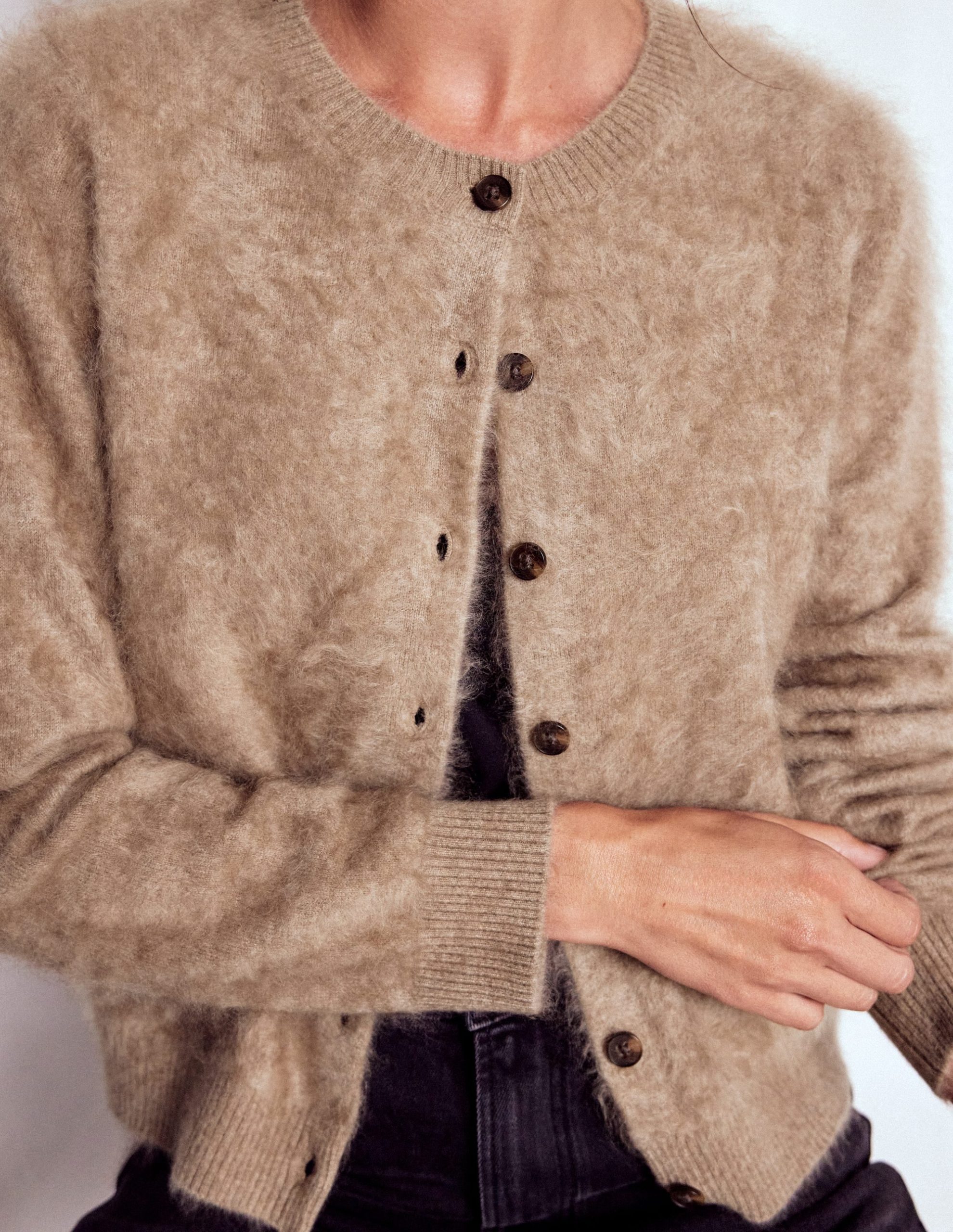 Brushed Crop Cashmere Cardigan-Dark Mink Melange - Image 2