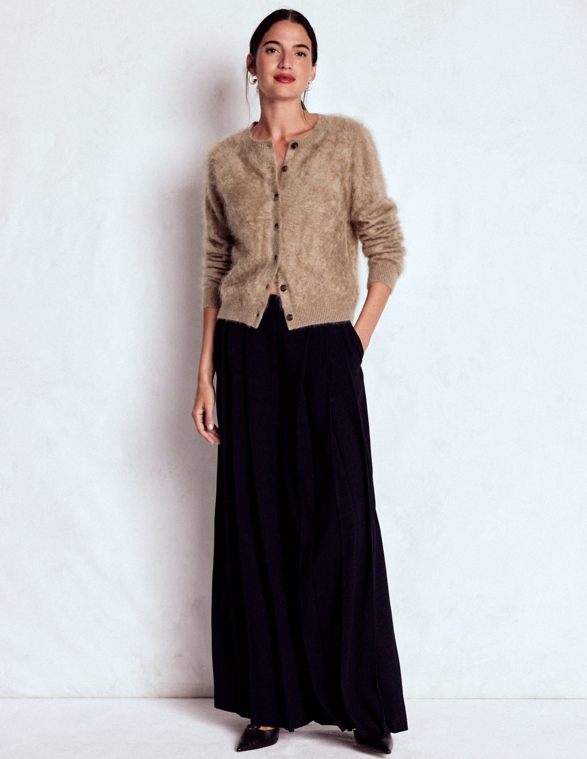 Brushed Crop Cashmere Cardigan-Dark Mink Melange - Image 5